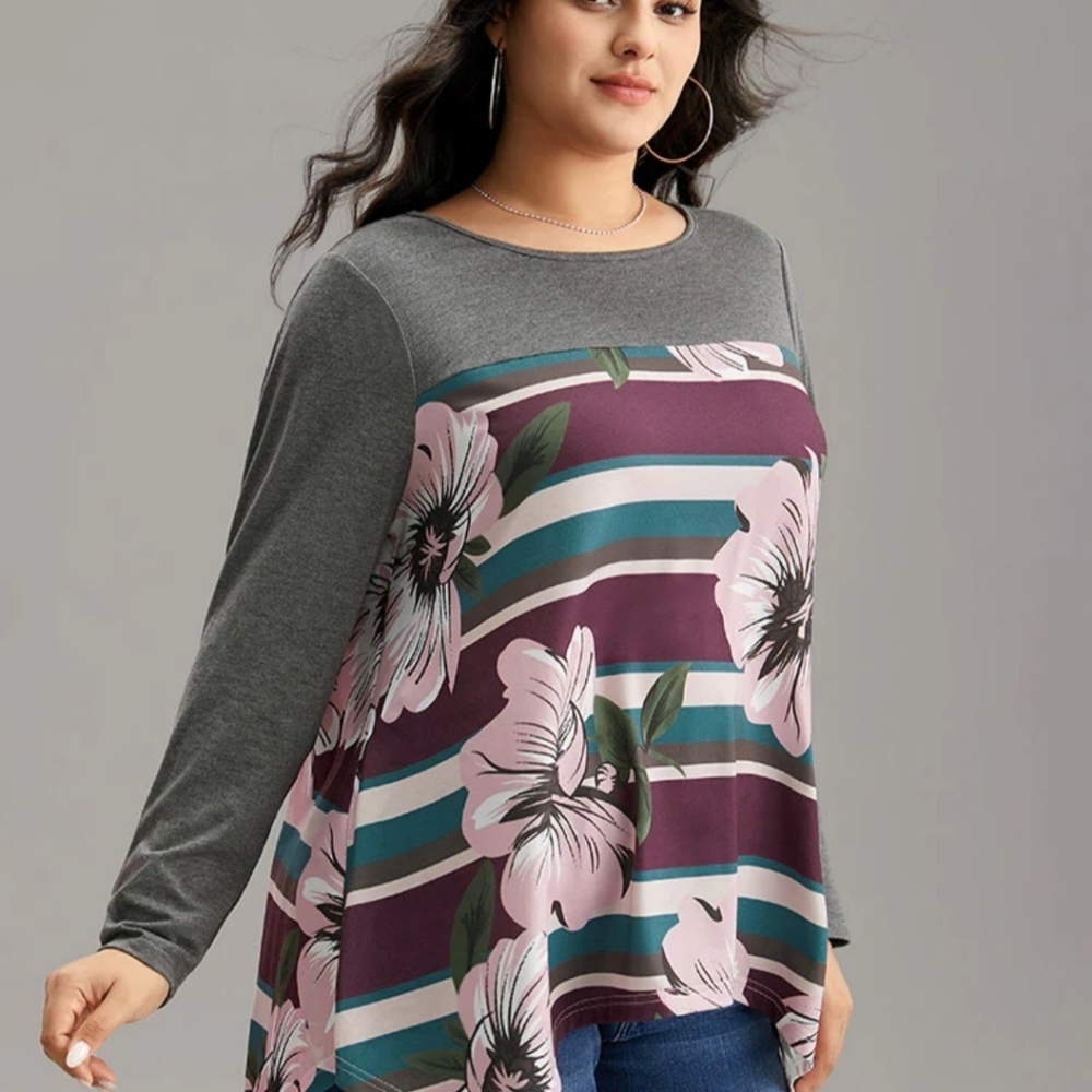 BloomChic Floral Women’s Long Sleeve Top Gray Purple Stripe - Size 4X - Picture 2 of 6